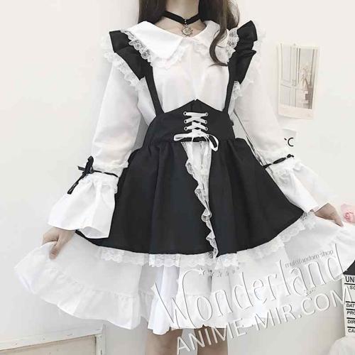 Лолитное чёрно-белое платье горничной с бантом и с длинными рукавами / Lolita Black and White Maid Dress with Bow and Long Sleeves